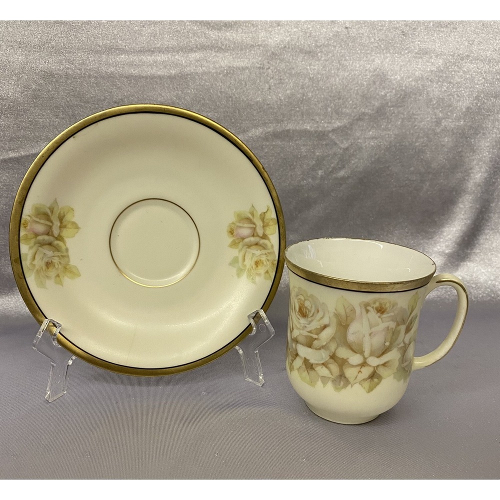 Antique & Rare Prussian Tea Cup & Saucer Set White Roses Goldtone Trim PreOwne